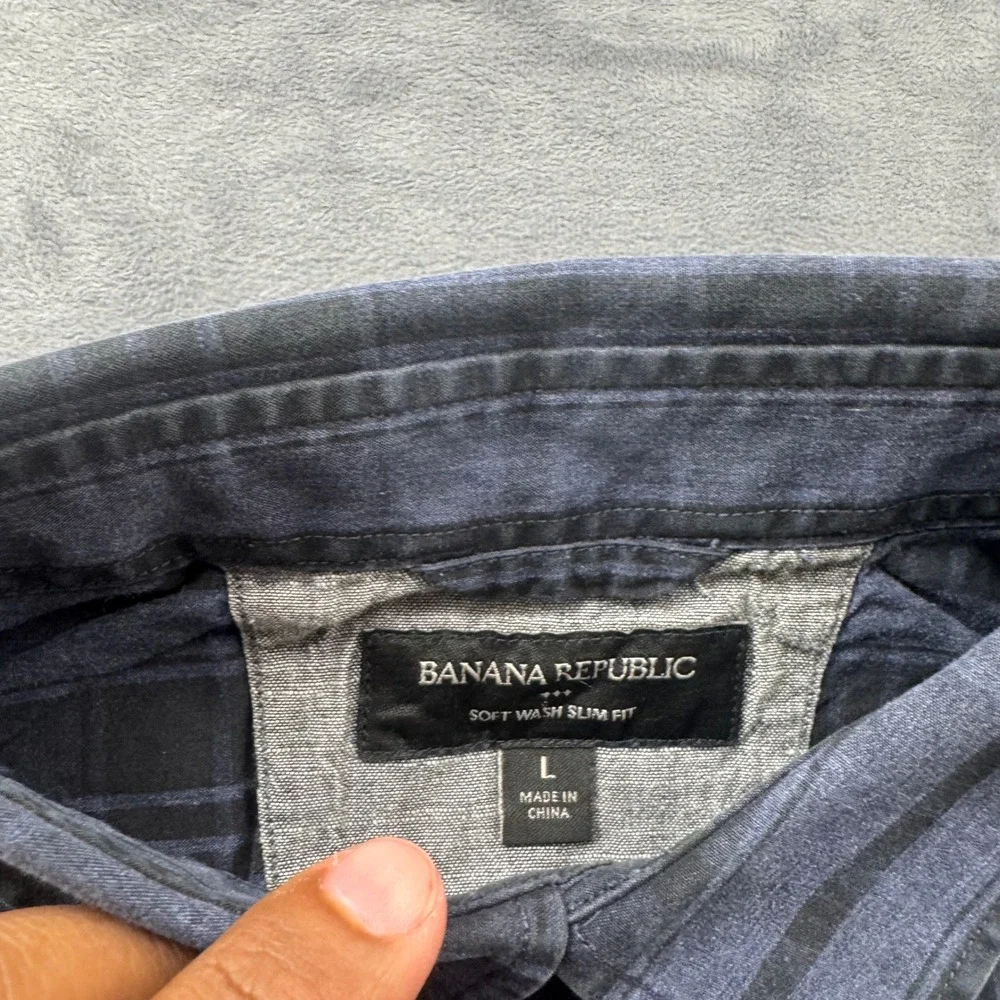 Banana Republic Mens Large Blue Black Plaid Soft Wash Slim Fit Button Down Shirt